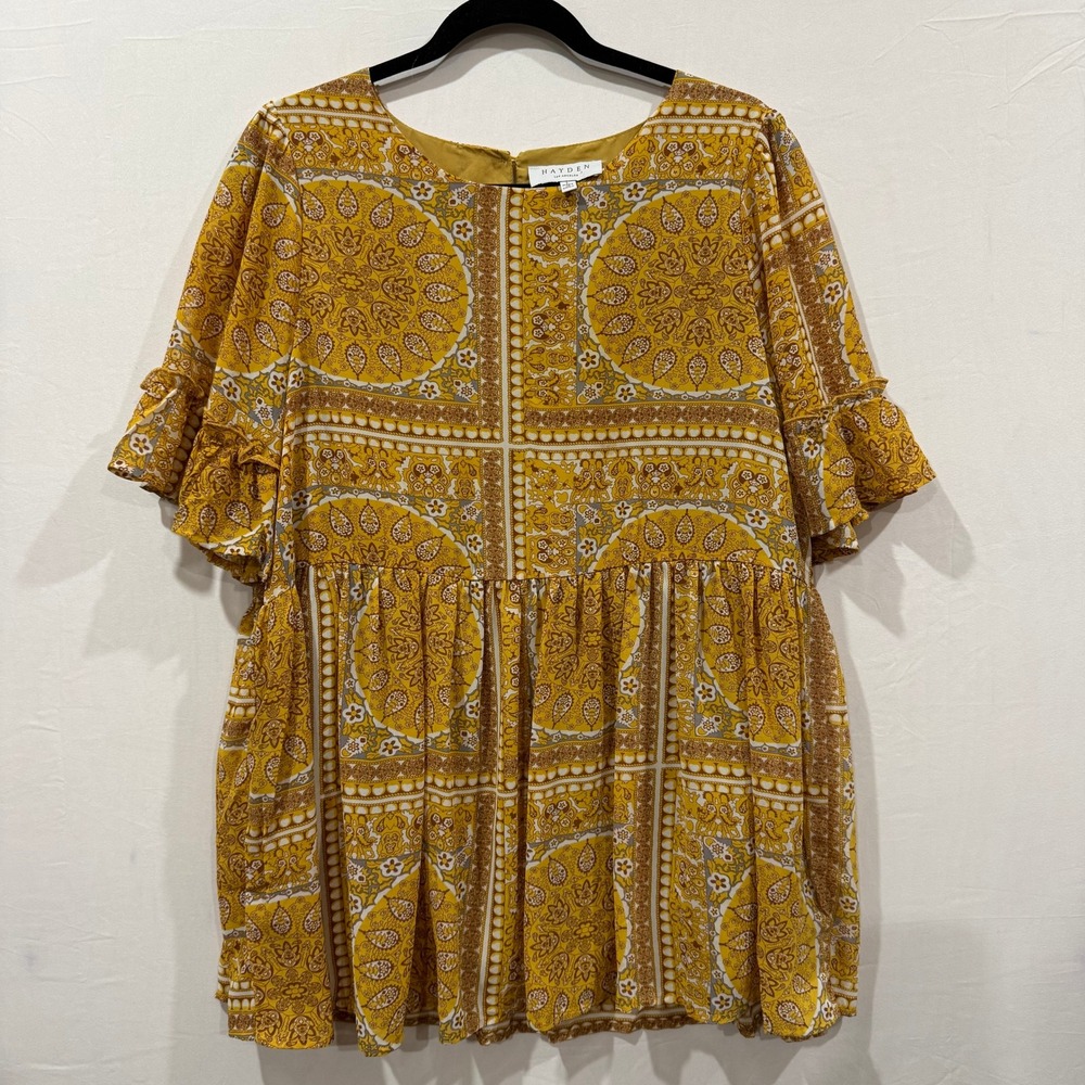 Hayden Los Angeles Yellow Paisley Print Tiered Ruffle Sleeve top Size L